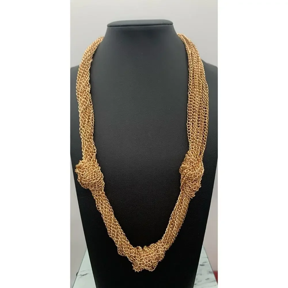 Gold Tone Mesh Chain Link 3 knot Multi Strand necklace Chunky Statement